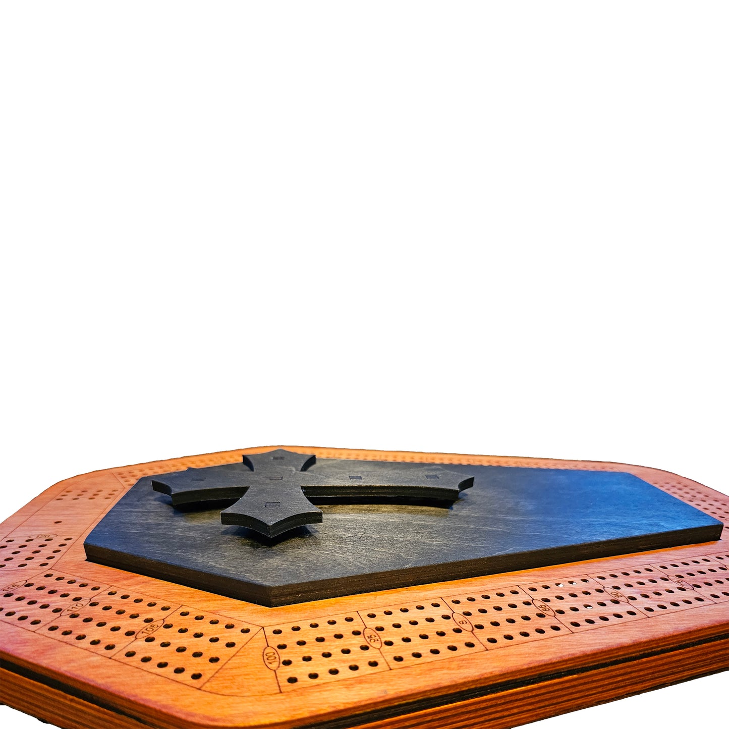 coffin cribbage board showing raised handle