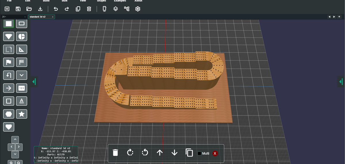 A 3D rendering of a wooden S-shaped board with a grid of small circular dots, shown inside a software interface with a dark gray toolbar and grid workspace.