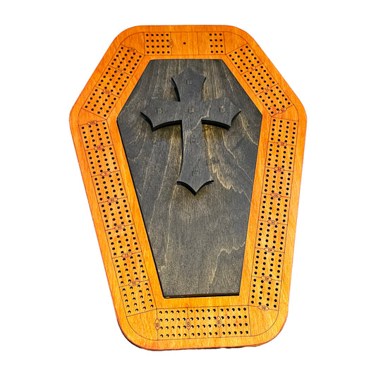 coffin cribbage board with lid on