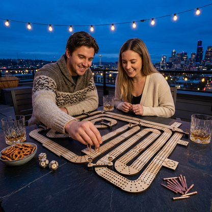 Smiling couple playing Cribbage Clash Advanced, a unique wooden cribbage board, on a city rooftop at night with skyline views.